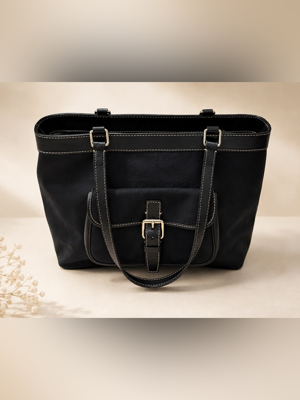 Dooney & Bourke Black DB Monogram Tote Bag Gold Hardware Front Buckle Pocket